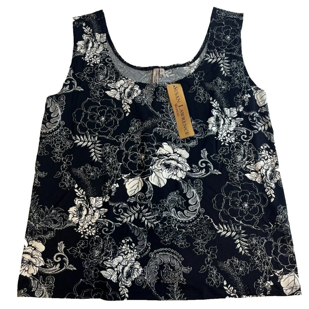 Susan Lawrence Women's Black & White Floral Scoop Neck Tank Top Size 1X